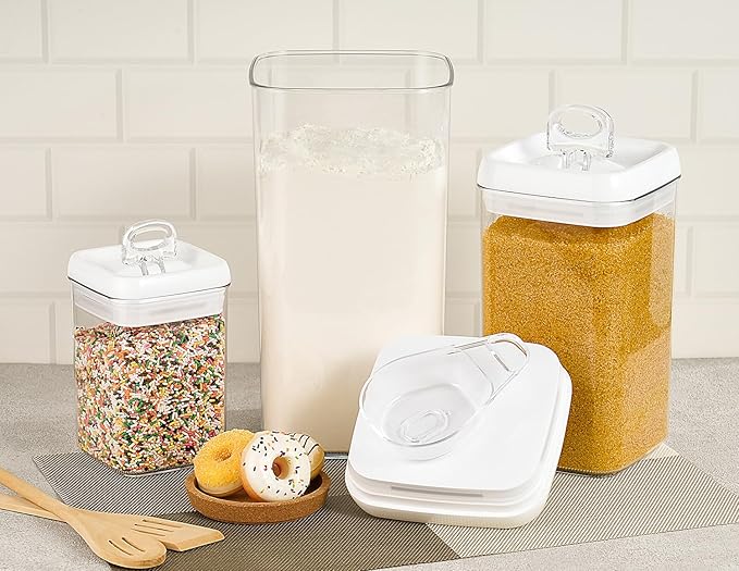 Felli Flip Tite Acrylic Food Storage Container with Lid 6” XL Air Tight Ring Seal Flip Top, Plastic Kitchen Baking Canister for 5 lb Flour Protein Powder Pantry Organizer (Nest-L, White) With Scoop