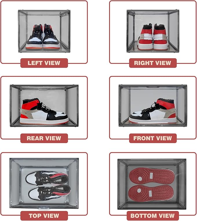 EDS FAM 4 Pack Grey Large Shoe Storage Boxes Clear Plastic Stackable Shoe Display Case with Magnetic Door, Easy Assembly Fit up to US Size 13