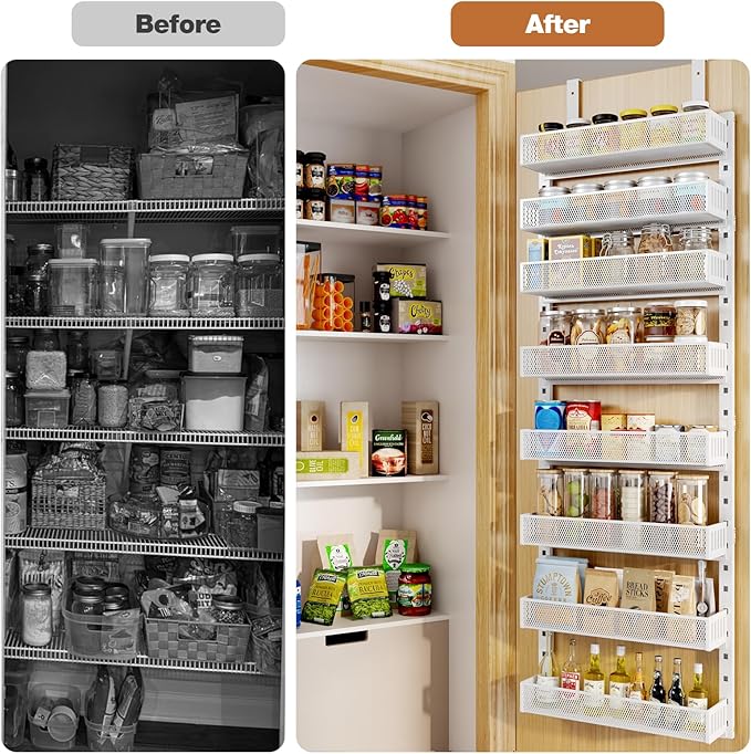 Pantry Door Organizers and Storage,6-Tier Large Wide Metal Heavy-Duty Frame Over the Door Spice Rack, 2 in 1 Wall-Mounted or Hanging shelf for Kitchen, Bathroom, Laundry Room, Bedroom, Closet &Nursery