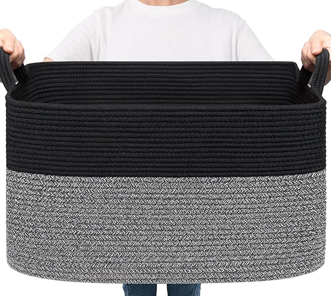 Goodpick Large Woven Blanket Basket 21.6" x 14.9" x 11.8" Storage Baskets for Organizing, Rectangle Baby Toy Bins for Kids Organizer Living Room Bedroom, Black & Gray