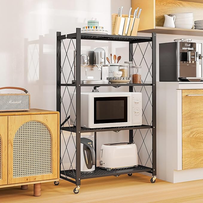 4-Tier Folding Metal Storage Shelf with Wheels, No Assembly Organizer Rack, Heavy Duty Collapsible Shelving Unit for Garage, Kitchen, Basement, Pantry, Living Room(New Upgrade - Black, 4 Tier)