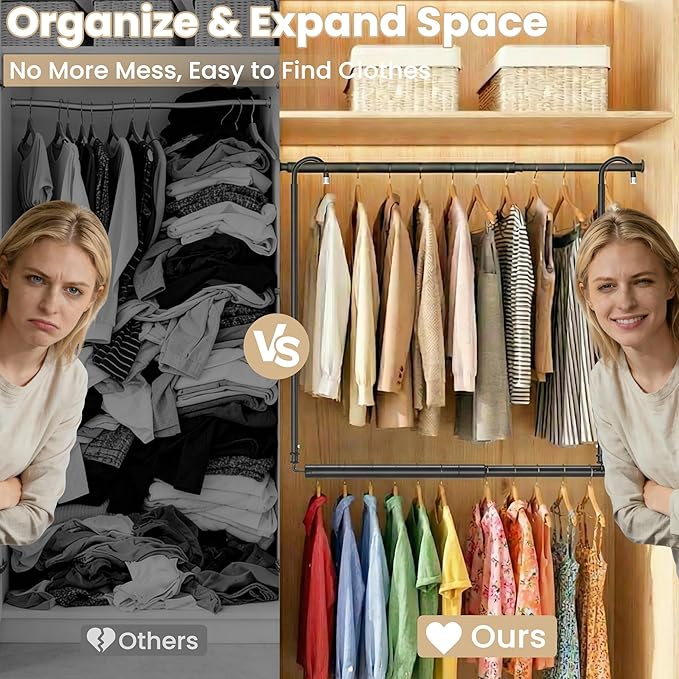 Stepless Extender Closet Hanging Rod - Heavy Duty Closet Rods for Hanging Clothes, Adjustable Width & Height, Space-Saving Matte Black Closet Organizer for Hanging & Drying, Easy to Install