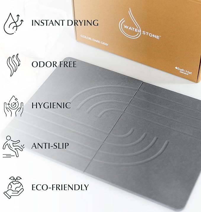 Water Stone Bath Mat, Quick-Dry Bathroom Rug, Gray Standard Size (27.5" x 19.6"), Eco-Friendly, Non-Slip, Absorbent, Modern Design for Safe & Clean Bathroom Floor