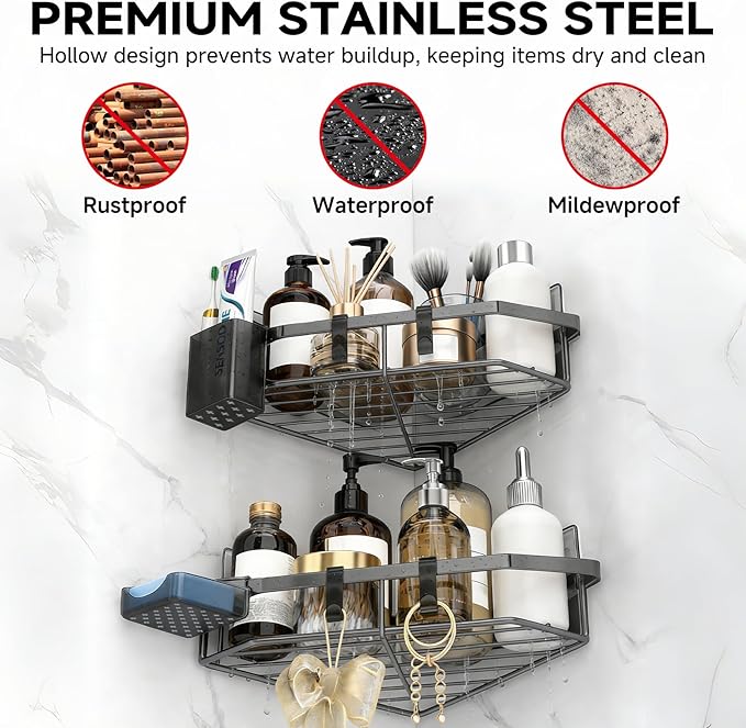 Corner Shower Caddy, 5-Pack Adhesive Shower Corner Organizer Shelves, No Drilling Stainless Steel Shower Storage Rack with Soap&Toothpaste Holder for Bathroom, Dorm and Kitchen (grey)