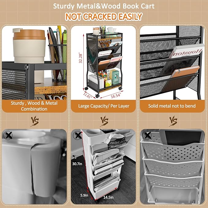 8 Tier Rolling Book Cart with Wheels, Mobile Book Storage Cart with 2 Sides Access Bookcase for Narrow Space, Rolling File Organizers and Storage for Home Office Living Room Classroom School