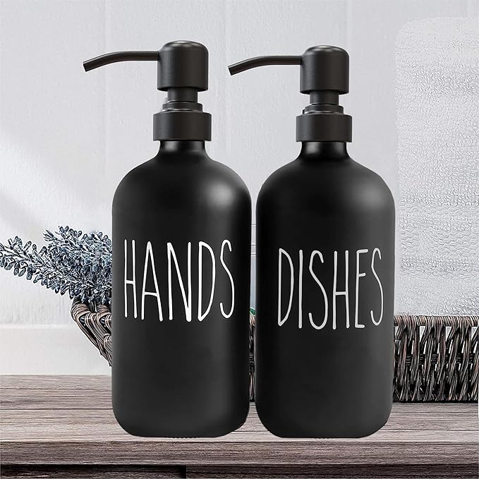 16 OZ Thick Black Glass Soap Dispenser, Matte Black Stainless Steel Pump 2 Pack, Hand and Dish Soap Dispenser Set for Bathroom with 6 Waterproof Labels