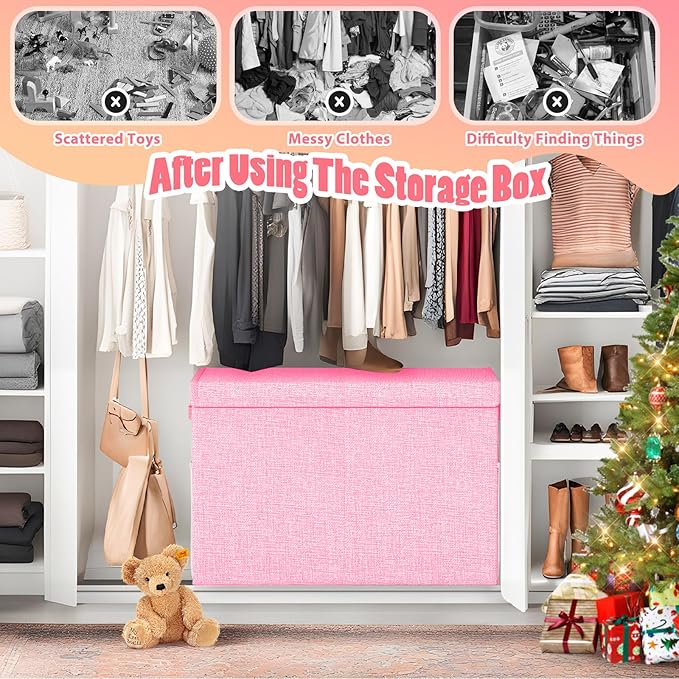 Large Toy Storage Box with Lid Divider, Sturdy Collapsible Toys Organizer Chest Kids Storage Bins Boxes Baskets for Boys, Girls, Nursery, Bedroom, Living Room, Playroom, 25"x13"x16", Pink