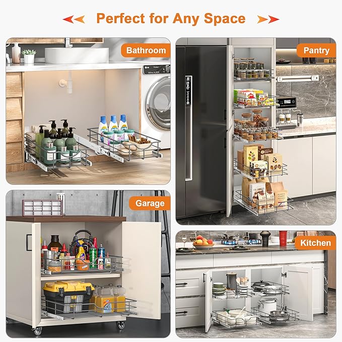 ALINE FURNITURE Pull Out Shelves - 17" W x 22" D Soft Close Pull Out Cabinet Organizer 1 Tier - Slide Out Drawers with Shelf Liner, Heavy Duty Steel Wire Baskets for Kitchen Cabinets, Pantry, Bathroom