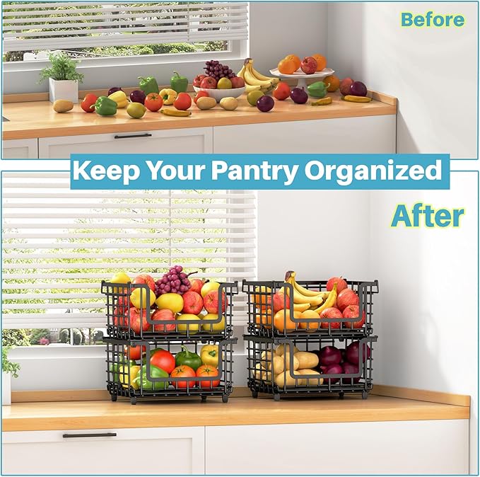 2 Pack Stackable Metal Wire Vegetable Fruit Basket for Kitchen Counter Cabinet, Pantry Organizers and Storage Basket, Food Can Snack Onion Potato Bread Storage Shelf Freezer Organizer Bins Black
