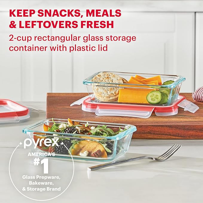 Pyrex Freshlock Glass Food Storage Container, Airtight & Leakproof Plastic Locking Lids, Freezer Dishwasher Microwave Safe, 2 Cup