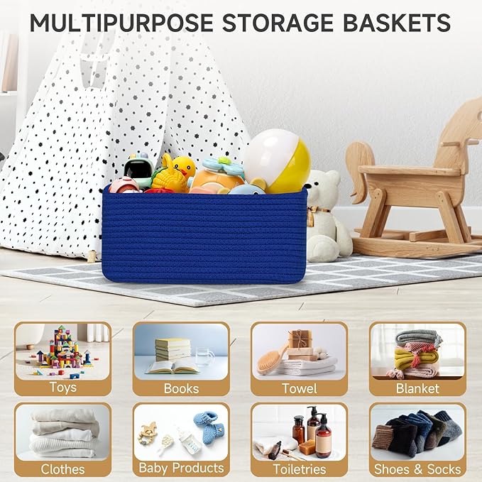 3-Pack Storage Baskets for Organizing | Woven Shelf Toy Basket | Rope Baskets for Gifts Empty | Closet Organizer Bins with Handles | Cube Decorative Box | 13.7×7.1×6.7” | Klein Blue