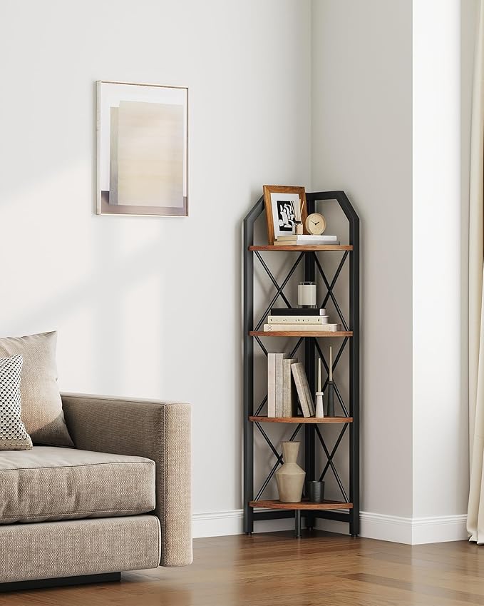 4-Tier Rustic Brown and Black Corner Shelf, 4-Shelf Industrial Corner Bookshelf, Space-Saving Corner Storage Stand, Plant Stand Display Shelf, Bedroom, Living Room, Home Office