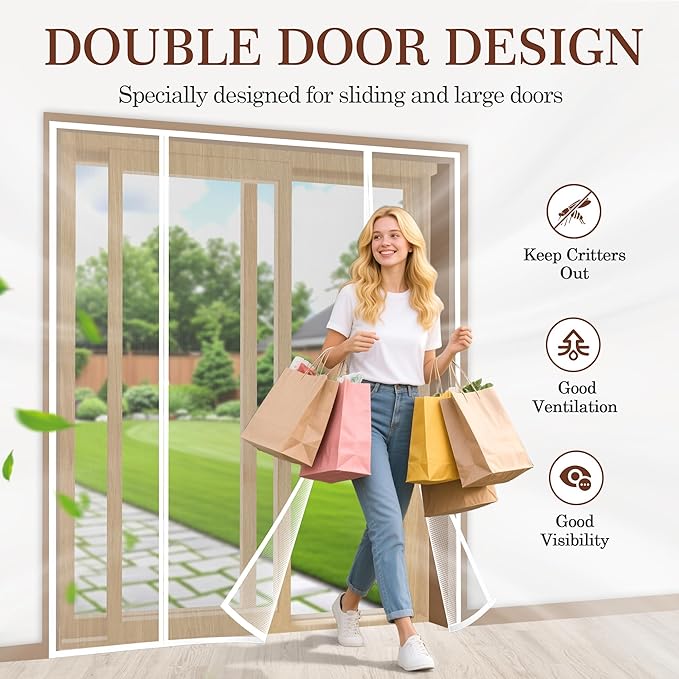 yotache White Magnetic Screen Door Fit 62" x 80" Doors, Screen Size 64" x 81" Double Door Net Curtain for Sliding Door