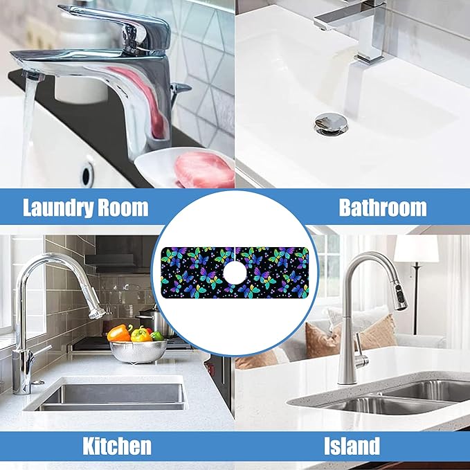Sink Faucet Absorbing Mat Colourful Butterflies Sink Splash Guard Drying Mat for Kitchen Bathroom Faucet Sinkmat 15.5"X5.5"