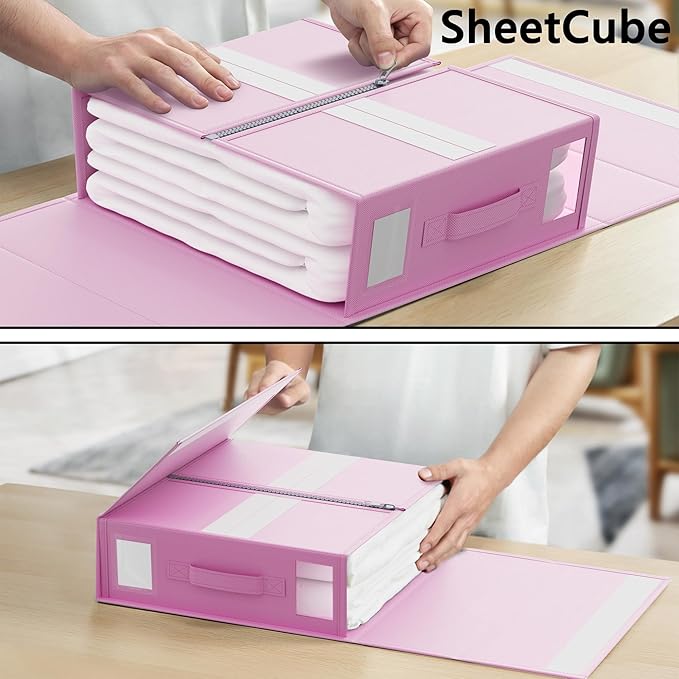 SheetCube Bed Sheet Organizers and Storage 6 Pack, Foldable Linen Closet Organizer with Window and Label, Bedding Folder Storage Box Container for Blanket, Duvet Cover Set, Bed Sheet Set - Pink