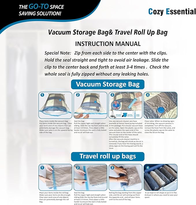 Cozy Essential 20 Pack Vacuum Storage Bags, Space Saver Bags (4 Jumbo/4 Large/4 Medium/4 Small/4 Roll) Compression for Comforters and Blankets, Pillow, Bedding, Sealer Clothes Storage