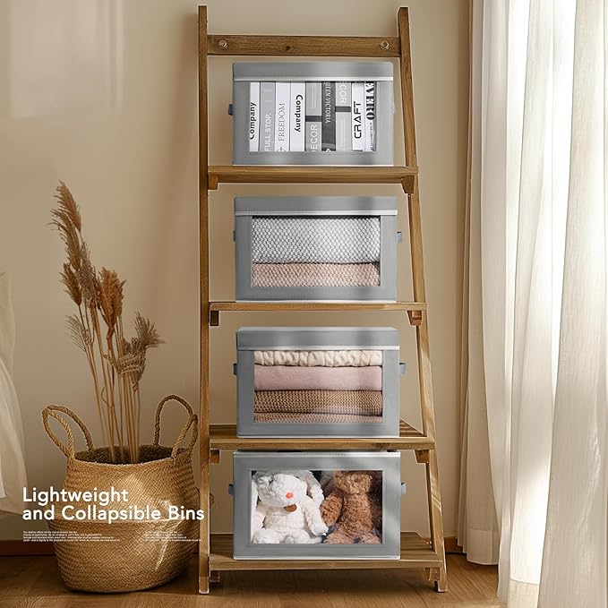 Large Storage Bins with Lids - Stackable Cube Bins for Closet, 4 Pack Clear Windows Fabric Organizer Bins, Home Organizers and Storage for Clothes, CD, Towels, Grey