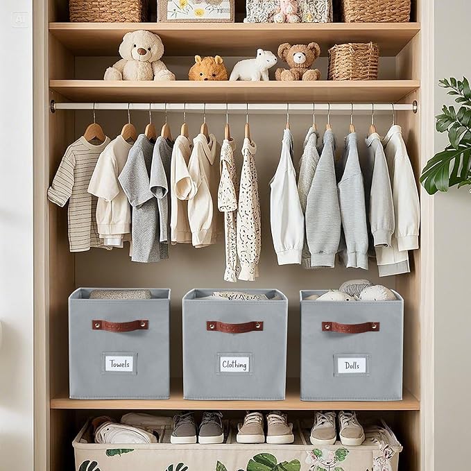 DECOMOMO Storage Cubes, 13x13x13 Storage Cube Bins with Labels, Fabric Organizer Bins (13" / 6pcs, Grey)