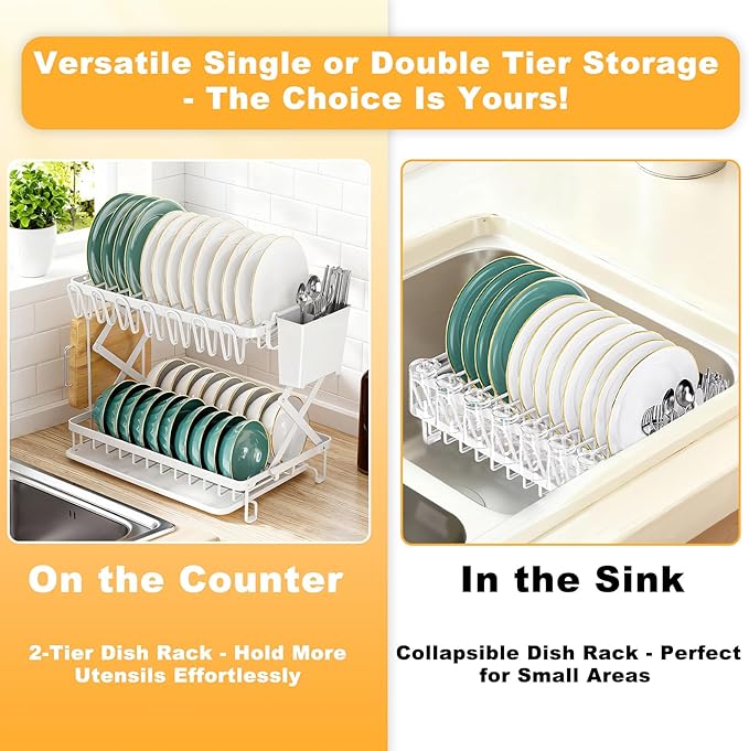 2-Tier Dish Racks for Kitchen Counter, Large Dish Drainers for Kitchens Counter Stainless Steel Kitchen Dishes Drying Rack, Space Saving Dishes Strainer for Bowl, Plate, Cup - Modern Counter Organizer