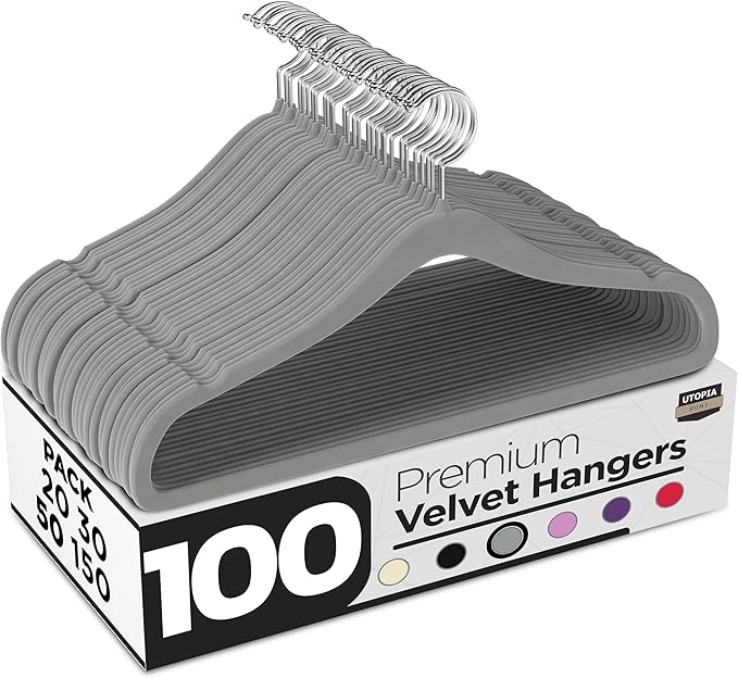 Utopia Home Velvet Hangers 100 Pack - Non-Slip Suit Hangers with 360 Degree Rotatable Hook - for Pants, Coats, Shirts & More (Grey)