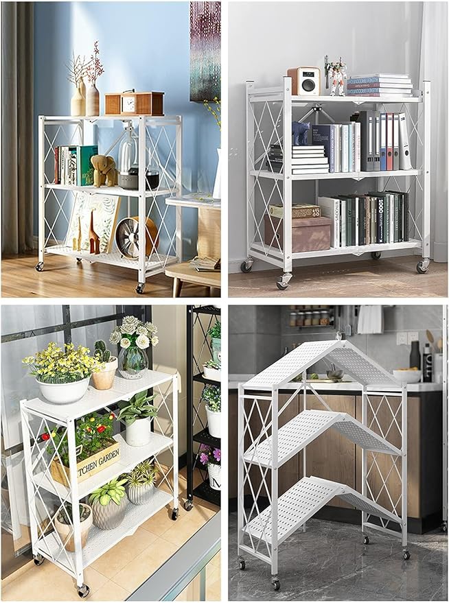 Lanstics 3-Tier Foldable Standing Shelf Units with Wheels, Industrial Style, Heavy Duty Metal Storage Shelves for Home, Kitchen, Bedroom
