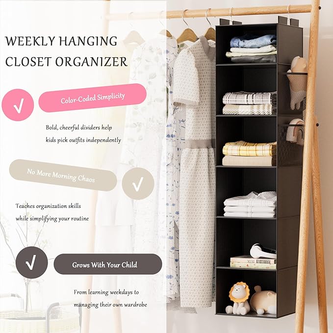 VERONLY Hanging Closet Organizer and Storage with Bamboo Support, 6-Shelf Closet Hanging Storage Shelves, Closet Organizers Easy Mount Foldable for Bedroom(Black)