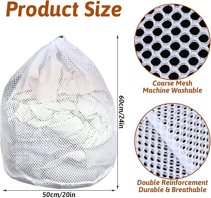 20 Pcs Mesh Laundry Bags Bulk with Drawstring 20 x 24'' White Heavy Duty Mesh Bag Machine Washable Sturdy Large Net Laundry Wash Bag for Dormitory College Apartment Travelling Camping