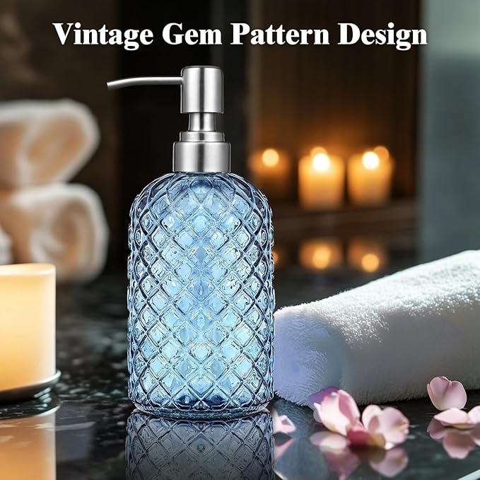 Blue Glass Soap Dispenser Gem Patterned with 304 Stainless Steel Pump 18 oz for Kitchen Dish Soap and Bathroom Hand Soap Bottle