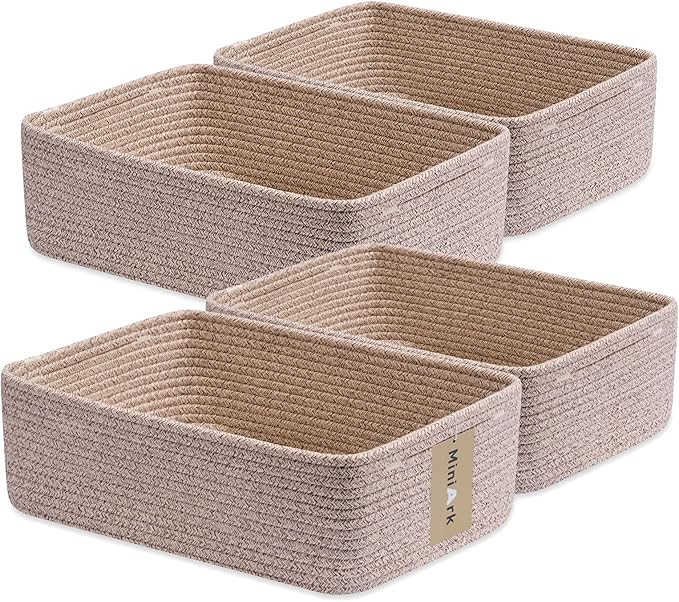 Large Shallow Organizing Baskets 15x11x5.1 Inches - Rope Woven Storage Bins for Bathroom, Shelves, Cube Closet, Mixed Brown 4 Packs