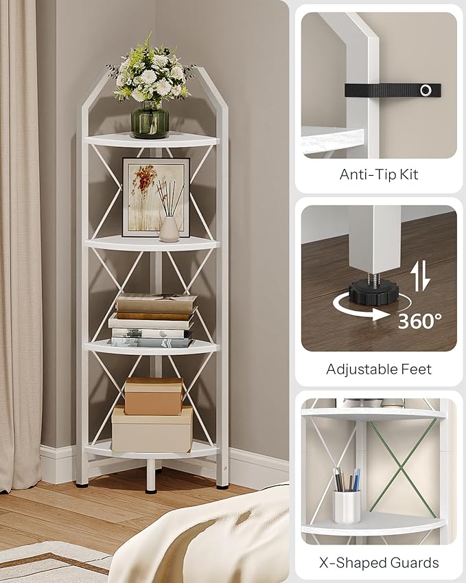 4-Tier Corner Shelf, Industrial Corner Bookshelf, 47.6" Corner Storage Stand, Plant Stand Display Shelf, Corner Bookcase for Bedroom, Living Room, Home Office, White TCJ09WB