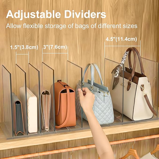 Bag & Purse Organizer for Closet: Adjustable Clear Handbag Storage Shelf - Plastic Clutch Dividers for Closet Organizers and Storage - Keep Carteras & Pocketbook Upright