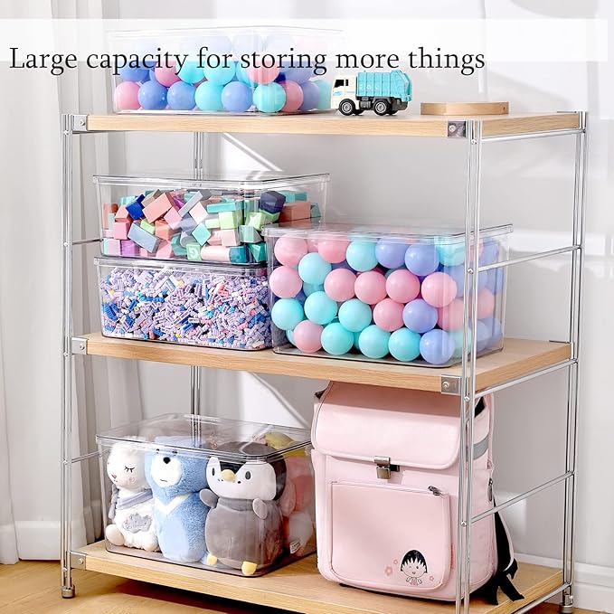 Sgoostood Storage Boxes, 5 Packs Transparent Food Organizer, Stackable Lidded Storage Bins (3 XL + 2M)