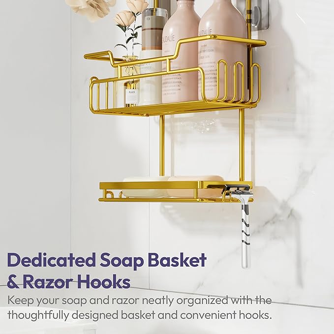 SWTYMIKI Bathroom Shower Caddy Hanging - 3 Tier Rustproof Over Shower Head Organizer, No Drilling Bathroom Shelf with 16 Hooks & Soap Holder, Anti-Swing Rack for Shampoo,Sponge,Towel, Gold