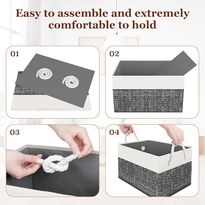 Storage Bin,Collapsible Storage Basket For Organizing,Large Storage Boxes With Rope Handles,Storage Containers,White & Black,3 Pack