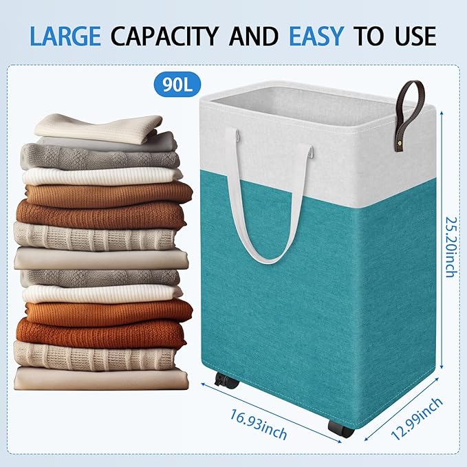 HomeHacks 90L Large Rolling Laundry Basket, Laundry Hamper with 4 Smooth Wheels, Collapsible Waterproof Clothes Basket, Freestanding Hamper with Handles for Bedroom/Dorm/Laundry Room (Green)