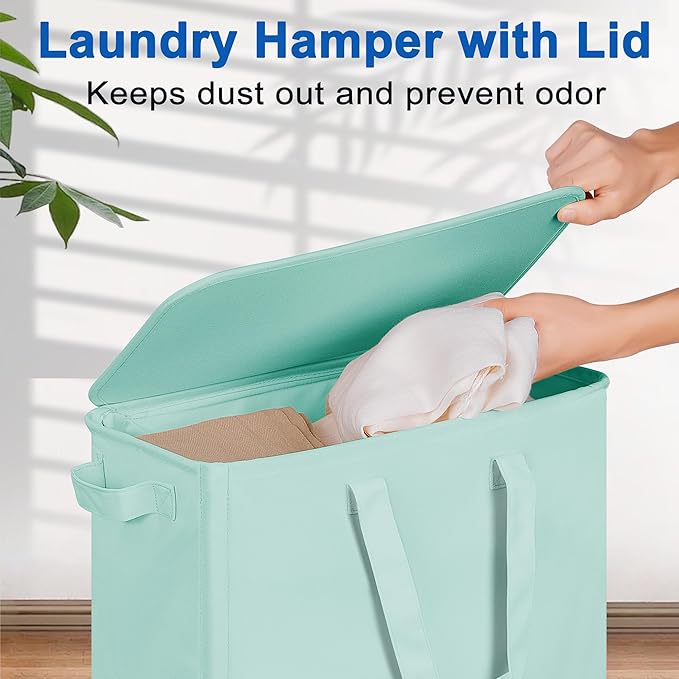 Slim Laundry Hamper with Lid and Wheels, Small Rolling Laundry Basket with Handle for Small Spaces, Tall Dirty Clothes Hampers for Dorm, Bathroom and Bedroom, 75L, Light Blue