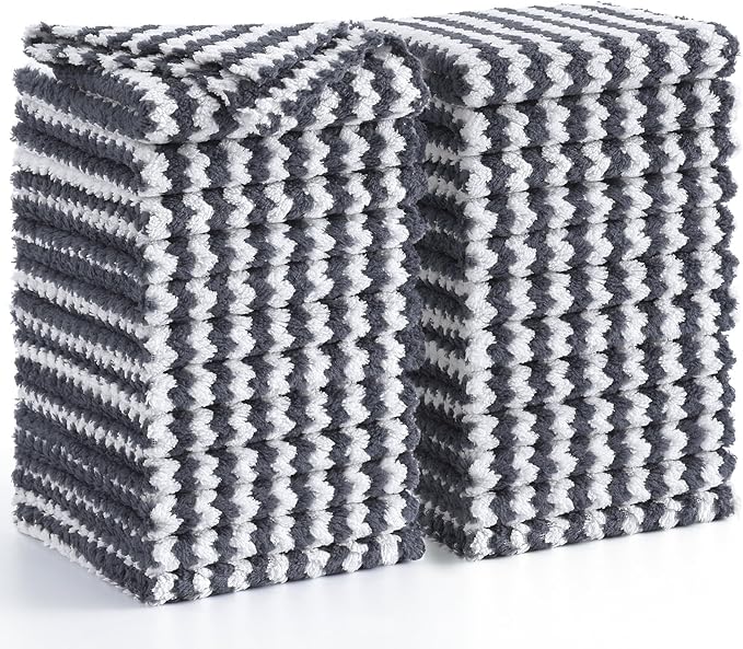 Homaxy 24 Pack Kitchen Dish Cloths, Ultra Soft and Absorbent Dish Towels, Reusable Fast Drying Microfiber Cleaning Cloth, Coral Velvet Wave Design No-lint, 10 x 10 inches, Dark Grey