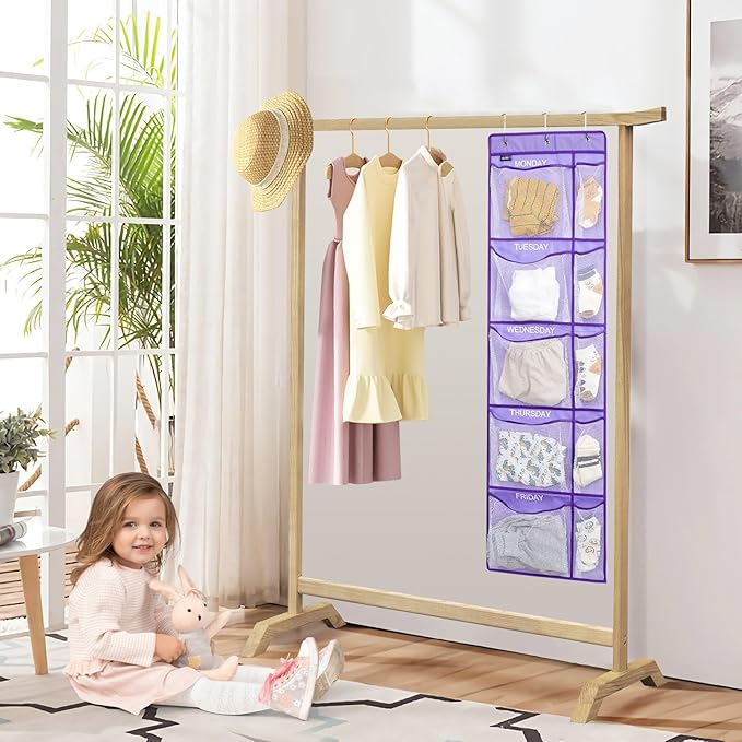 Weekly Clothes Organizer for Kids, Monday to Friday Hanging Closet Organizer, 5-Shelf Large Capacity School Storage with Side Pockets, Purple (Quantity 2)