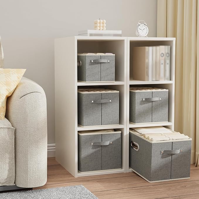 Fabric Open Storage Bins with Metal Handles, Collapsible Organizer Baskets, Foldable Cube Boxes for Shelves, Closet, Living Room, 15x9.8x9.8in, Grey, 4 Pack