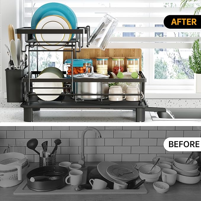 Dish Drying Rack, 2 Tier Dish Racks for Kitchen Counter, Compact Drying Rack Kitchen, Rust-Resistant Dish Drainer, Detachable Space-Saving Dish Rack with Drainboard, Utensil Holder, Black