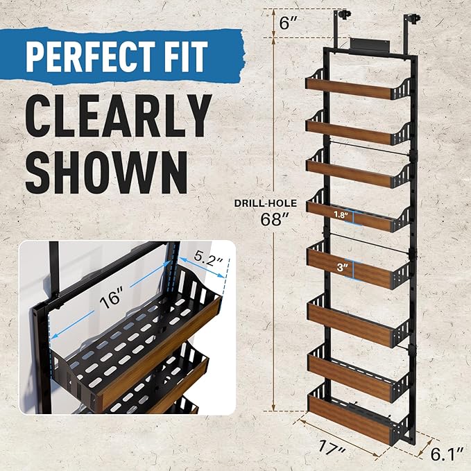 8-Tier Over The Door Pantry Organizer | Spice Rack Wall Mount with No-Shake Design, Adjustable Baskets | Hanging Seasoning Shelves, Storage Organization for Kitchen Cabinet & Closet
