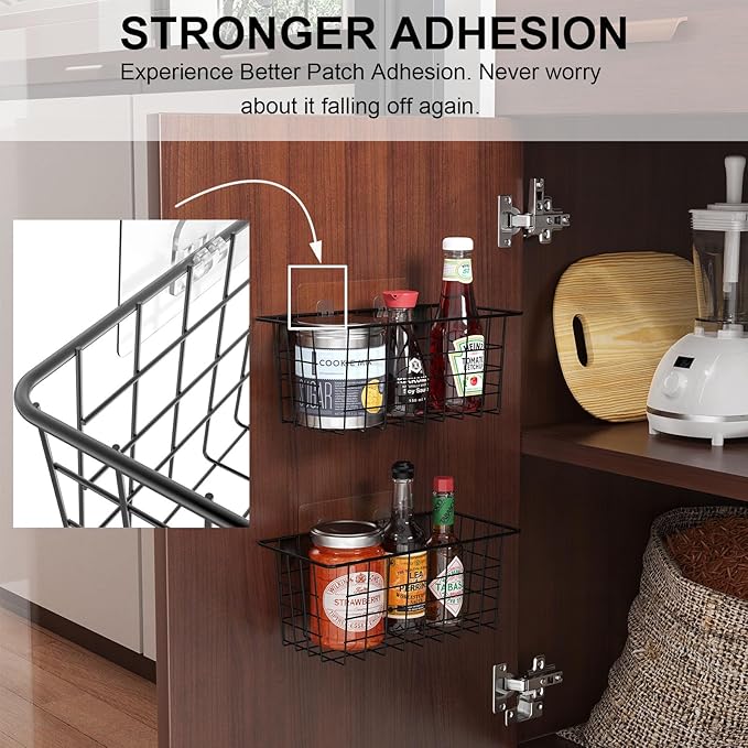 MaraFansie Hanging Kitchen Baskets Wire Storage Basket Over the Cabinet Door Organizer, No Drilling Adhesive Basket for Cabinet Pantry Organization and Kitchen, Bathroom, Storage, 2 Pack, Black