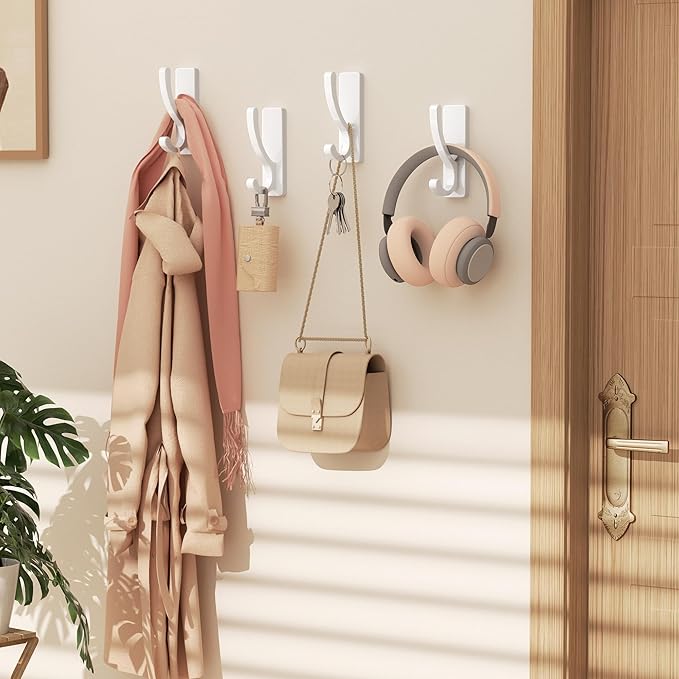 pickpiff Adhesive Wall Hooks for Towels - Sticky Hook Hanging Heavy Duty (13lb), Hanger for Door, Bathroom, Dorm, Closet - for Coats, Purse, Bag, Robe - No Damage to Wall - White 6 Pack