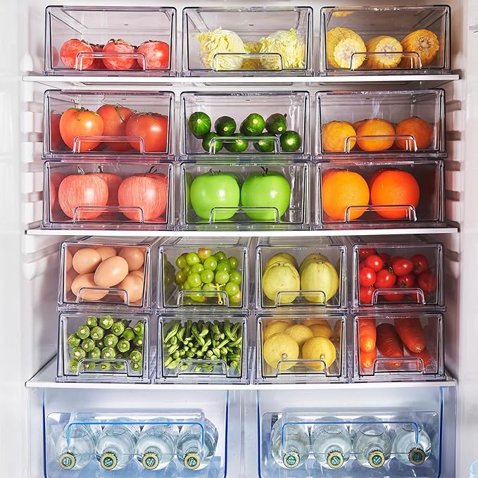 2 Pack Stackable Storage Drawers, Plastic Clear Organizer Bins with Handles for Undersink, Kitchen Cabinet, Fridge, Closet, Pantry, Office, Bathroom