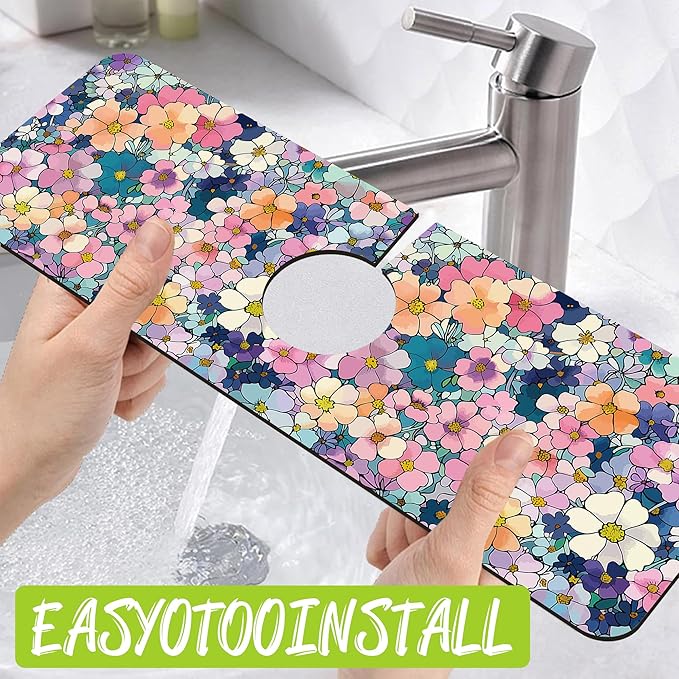 Sink Faucet Absorbing Mat Cute Flowers Sink Splash Guard Drying Mat for Kitchen Bathroom Faucet Sinkmat 15.5"X5.5"