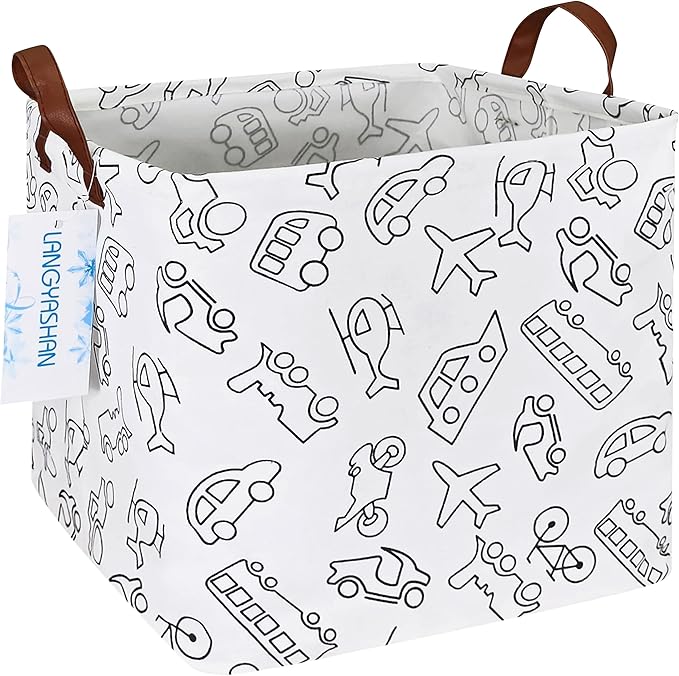 LANGYASHAN Square Storage Baskets Waterproof Canvas Children Laundry Nursery Hamper for Shelves Gift Baskets Toy Organizer Room Decor(Vehicle)