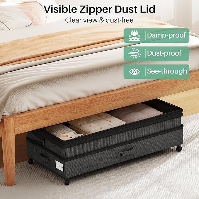 Kitstorack 4 Pack Height-adjustable Under Bed Storage with Wheels, Under Bed Storage Containers,Under Bed Shoe Storage Organizer with Clear Window&Label, Suitable for Clothes Storage, Black