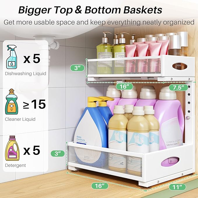 Under Sink Organizer, 2-Pack Pull Out Cabinet Organizer 2 Tier Metal Slide Out Storage Shelf Rack, L-Shaped Adjustable Height,Mesh Sliding Drawer for Kitchen, Bathroom, Laundry, Pantry, White, XL