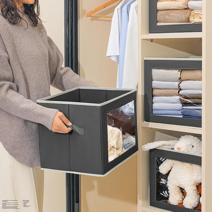 Stackable Storage Bins with Lids - Large Storage Box with Lids, Foldable Closet Boxes for Organizing, Wardrobe Clothes Organizer with Window, Cubes Bins for Living Room, 6 Pack, Dark Grey