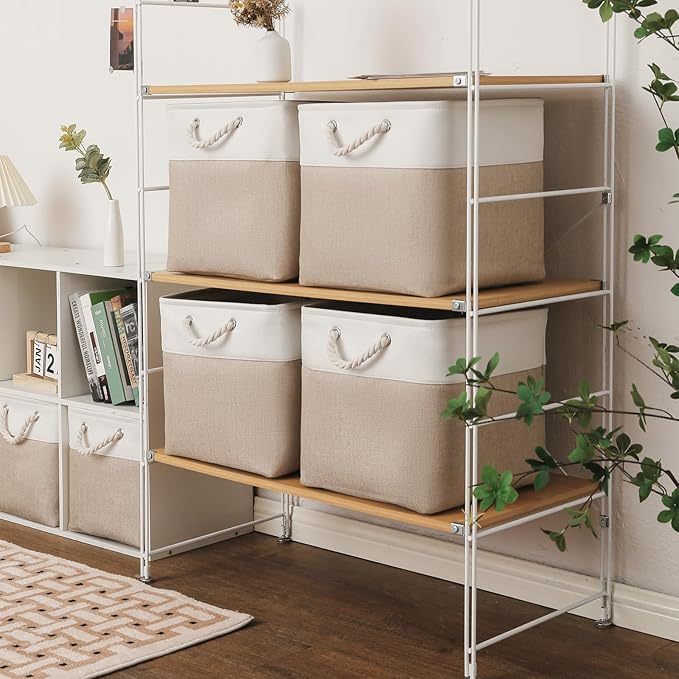 13 x 13 Inch Cube Storage Bins, 6 Pack Extra Large Collapsible Fabric Storage Bin with Ropes, Foldable Storage Cubes for Home (White & Beige-13"x13"x13")
